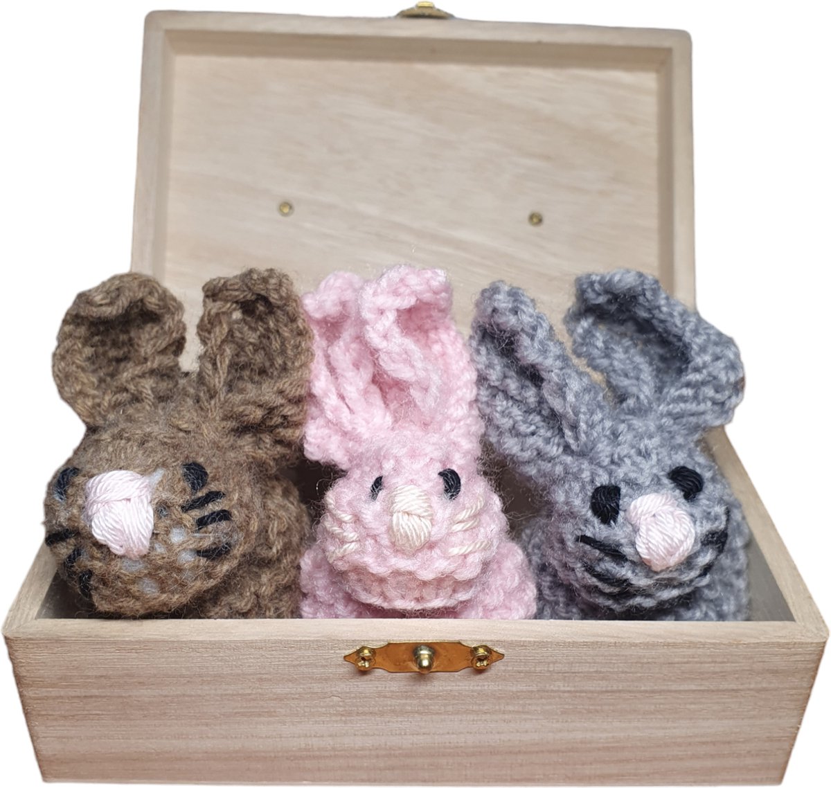 Konijntjes - Gebreid Poppen Set - 11 cm.- Roze - Grijs - Bruin